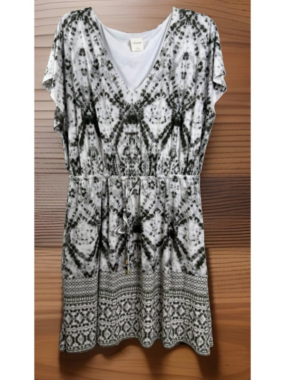 Soma Large Tie Dye Jungle Blouson Dress w Drawstring Gray/white Lined RV $79 EUC